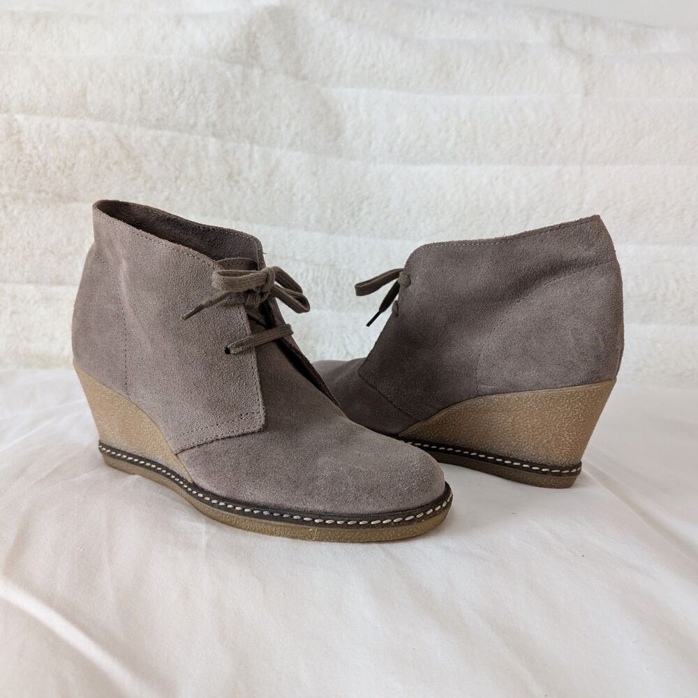J. Crew Macalister Suede Round Toe Lace-Up Wedge Heel Taupe Gray Ankle Boots